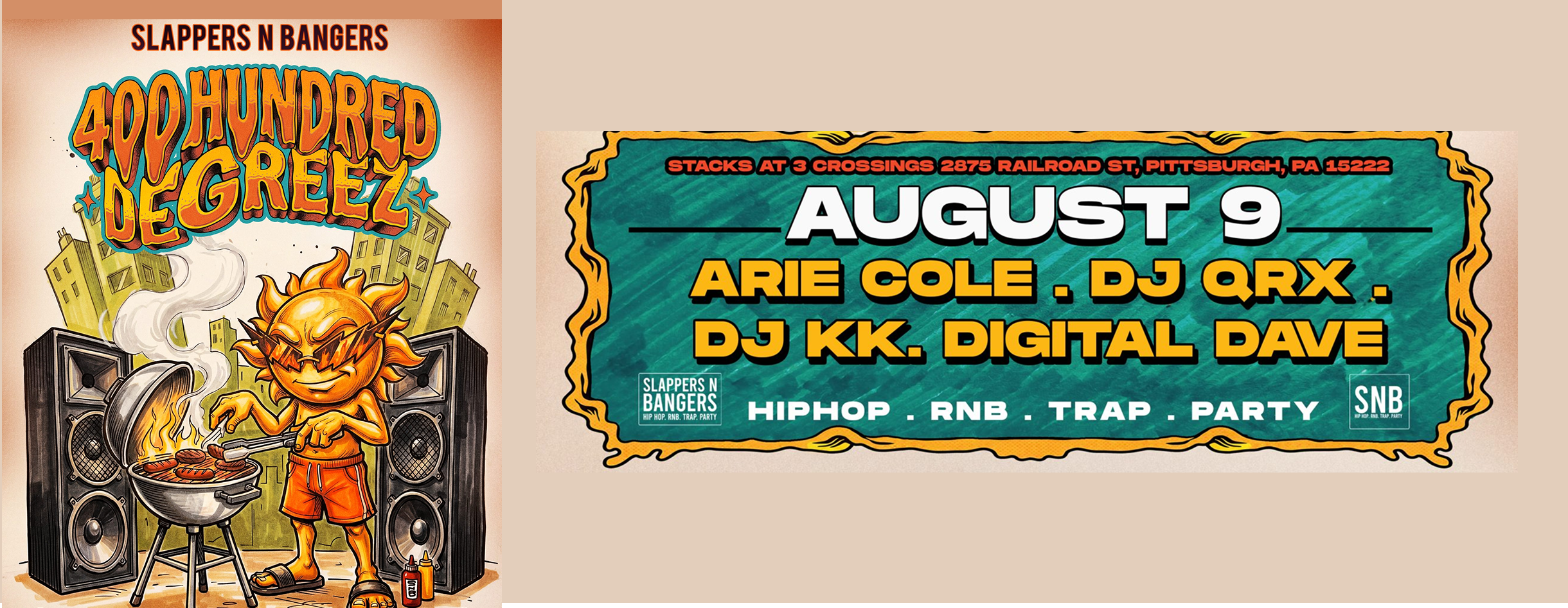 400 Degreez flyer showing August 9 date, Stacks at 3 Crossings address, and DJ lineup Arie Cole, DJ QRX, DJ KK and Digital Dave