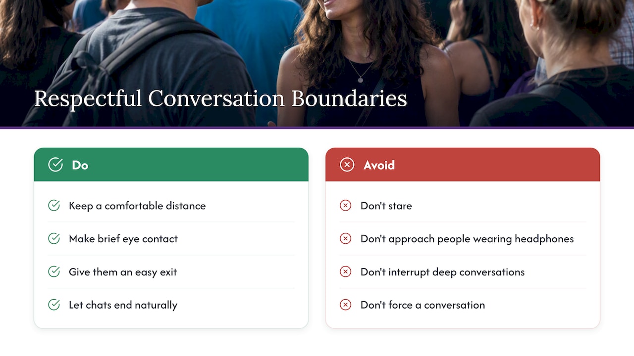 How to approach people respectfully respecting personal space and boundaries in crowded settings — overview diagram